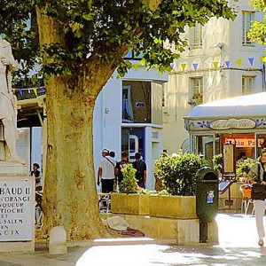 A statue of Count Rimbaud of Orange decorates a square in the town