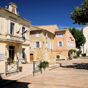 Provence - Sainte Cecile les Vignes - The village square with the Mairie to the left and the Church directly ahead